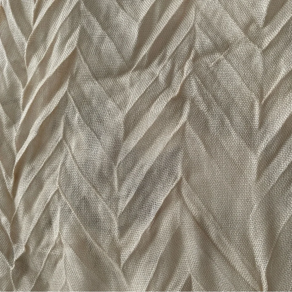 Beige pleated textured acrylic semi sheer scarf with fringe trim, size 69»x15”